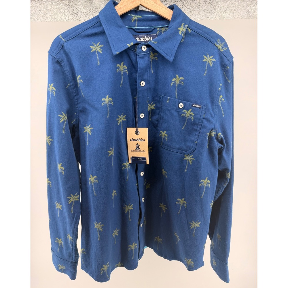 Chubbies Evergreen Palm Button Up Shirt Blue Green Tropical Size Small 0655